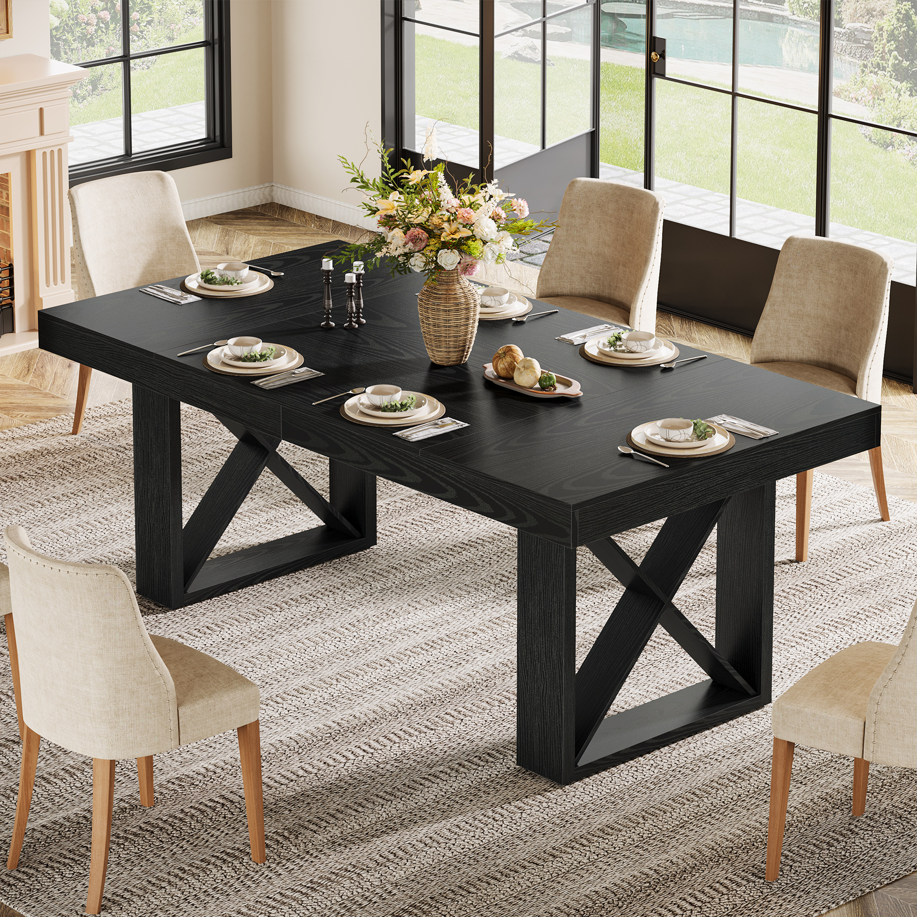 Tribesigns 63-Inch Dining Table for 4-6 People, Farmhouse Thick Appearance Design, Rectangle Kitchen Dinner Table for Dining Room, Living Room, Black
