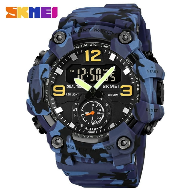 SKMEI 1965 Montre pour Homme Professionnelle 30 m Résistante Double Affichage Double Mouvements Heure GMT Montre Numérique Multifonction Lumineuse