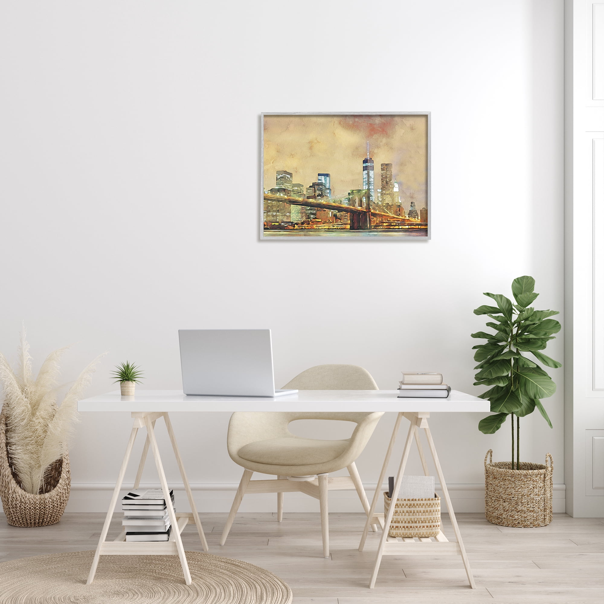 Stupell Urban Cityscape Bridge Metropolis Travel & Places Painting Gray Framed Art Print Wall Art