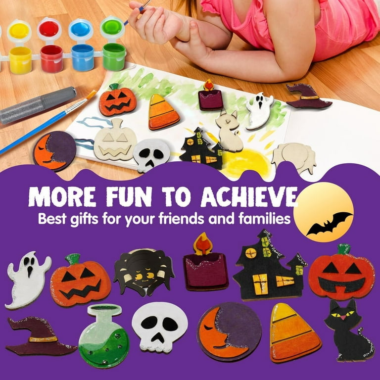 JOYIN joyin 12 pcs halloween craft kid wooden magnet creativity arts & crafts  painting kit, diy halloween painting craft for kids h