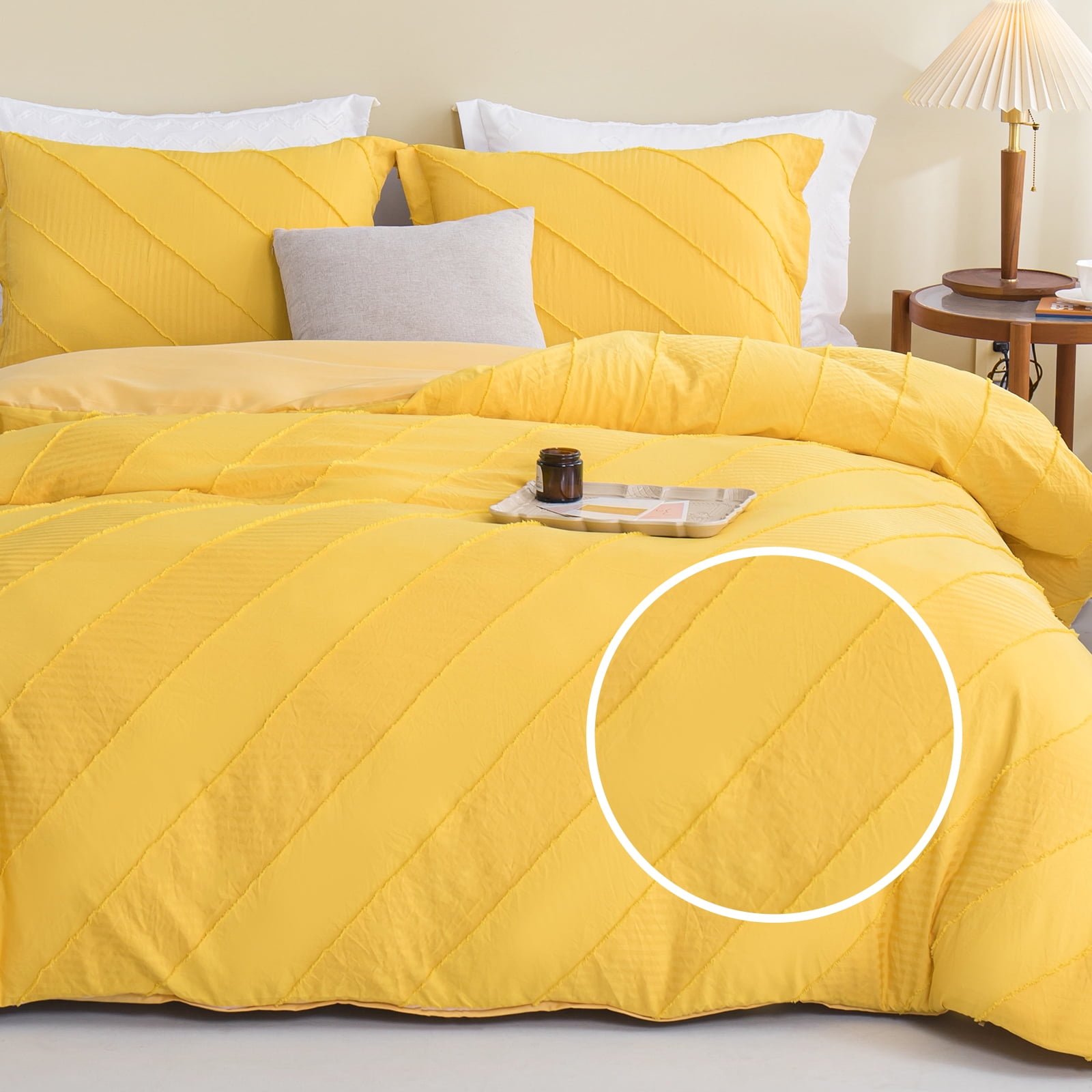 YOUR MOON Boho Striped Duvet Cover Set Queen Size Yellow, 3 Pieces Tufted Shabby Chic Home