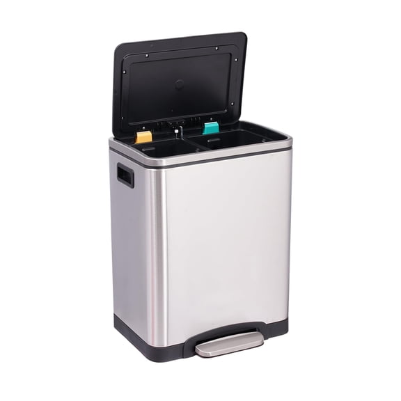 30 L/8 gal Stainless Steel Double Trash Can, Large Dual Trash and Recycle Bin Combo, Step-on, Removable Inner Bucket, Liner Rim, Soft Close Lid for Dining Room, Bathroom, Kitchen