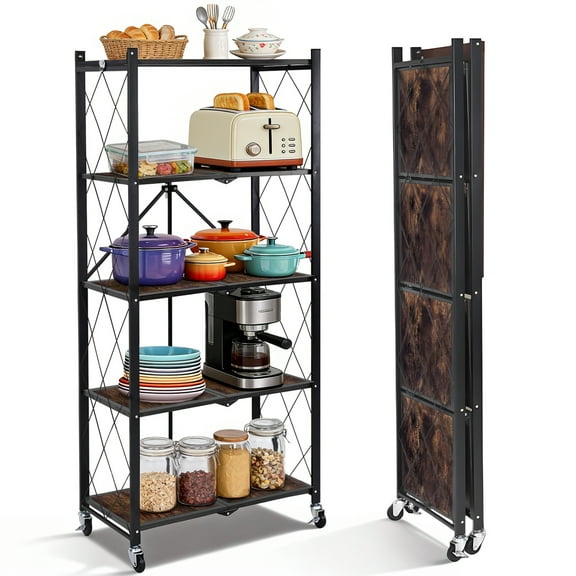 COOKCOK 5-Tier Storage Shelving Unit, Folding Bookshelf, Metal Shelf 27.9"x13.4"x62.5, Foldable Storage Shelf with Wheels, Garage Shelf, Kitchen Shelf, No Assemble Require, Black