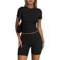 thumbnail image 3 of Scyoekwg Womens Sets Clothes Womens Two Piece Outfits Casual Solid Color Short Sleevele Round-Neck Tops Shorts Gym Sprots Sets (Black,XXL), 3 of 7