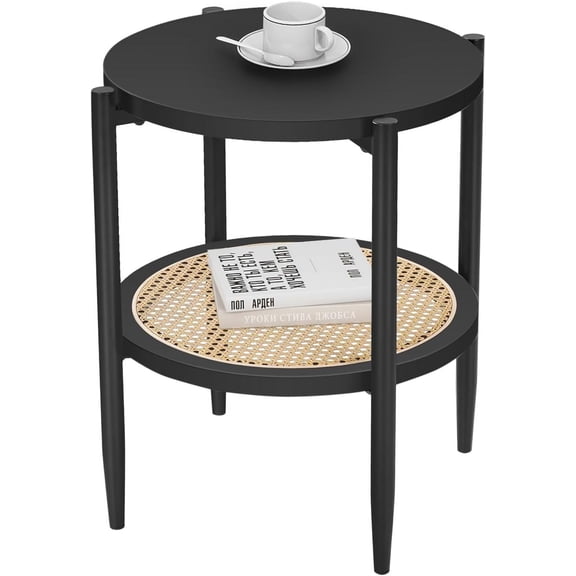 Black Small Side Table, Mid Century Modern Engineered Wood End Table with Rattan Storage, 2-Tier Round Side Table for Living Room, Cafe, Bedroom, Small Space