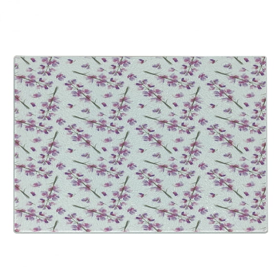 Purple Cutting Board, Delphinium Floret Branches with Blooming Roots Seasonal Twigs Nature Pattern, Decorative Tempered Glass Cutting and Serving Board, Small Size, Violet Green, by Ambesonne