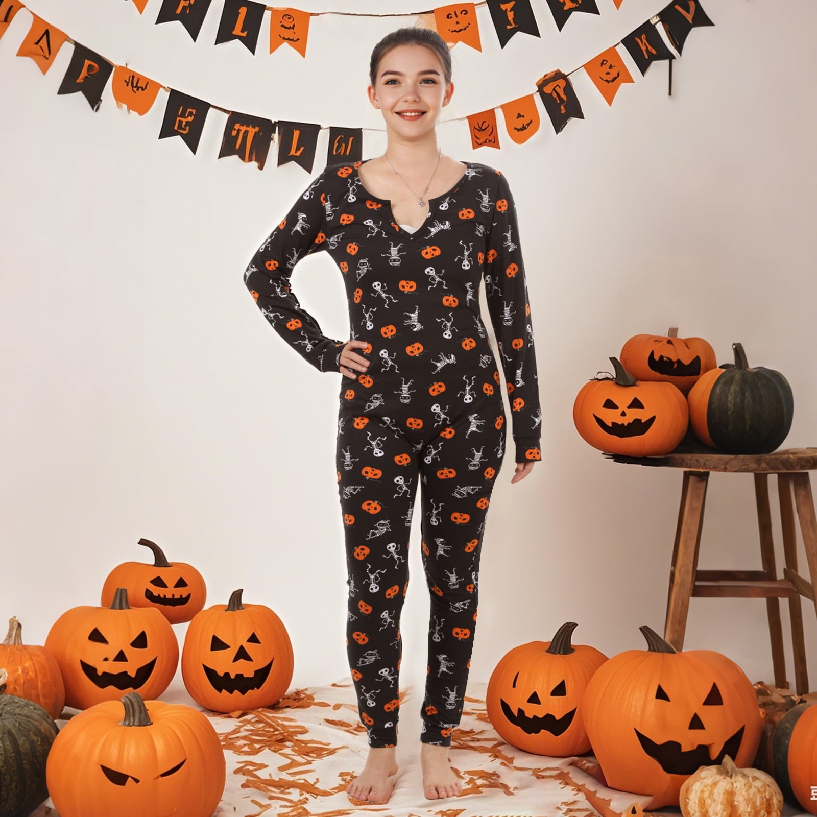 Matching Pajamas Set Adult Pumpkin Skeleton Pjs Onesie Sleepwear for Women Men Halloween Christmas Couples Loungewear