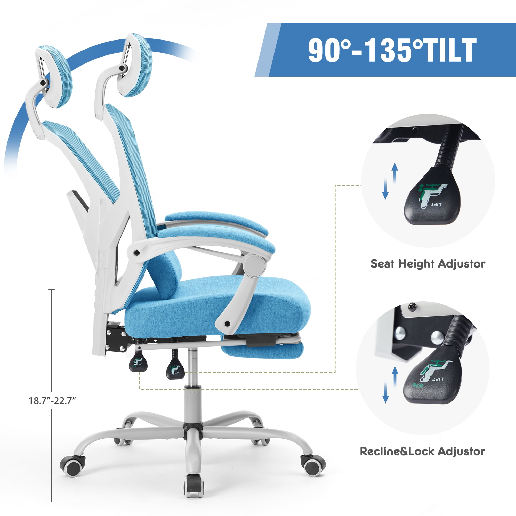 CONCETTA Ergonomic High Back Mesh Office Chair with Headrest, Footrest, Armrests for Adults, Blue