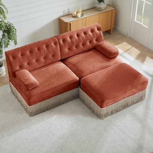 Chesterfield Style Modular Sectional Sofa with Tassel Skirt and Ottoman, Soft Velvet L-Shaped Couch for Living Room, Free Combination Fabric Sofa Set with Button Tufted Back, Red and Brown