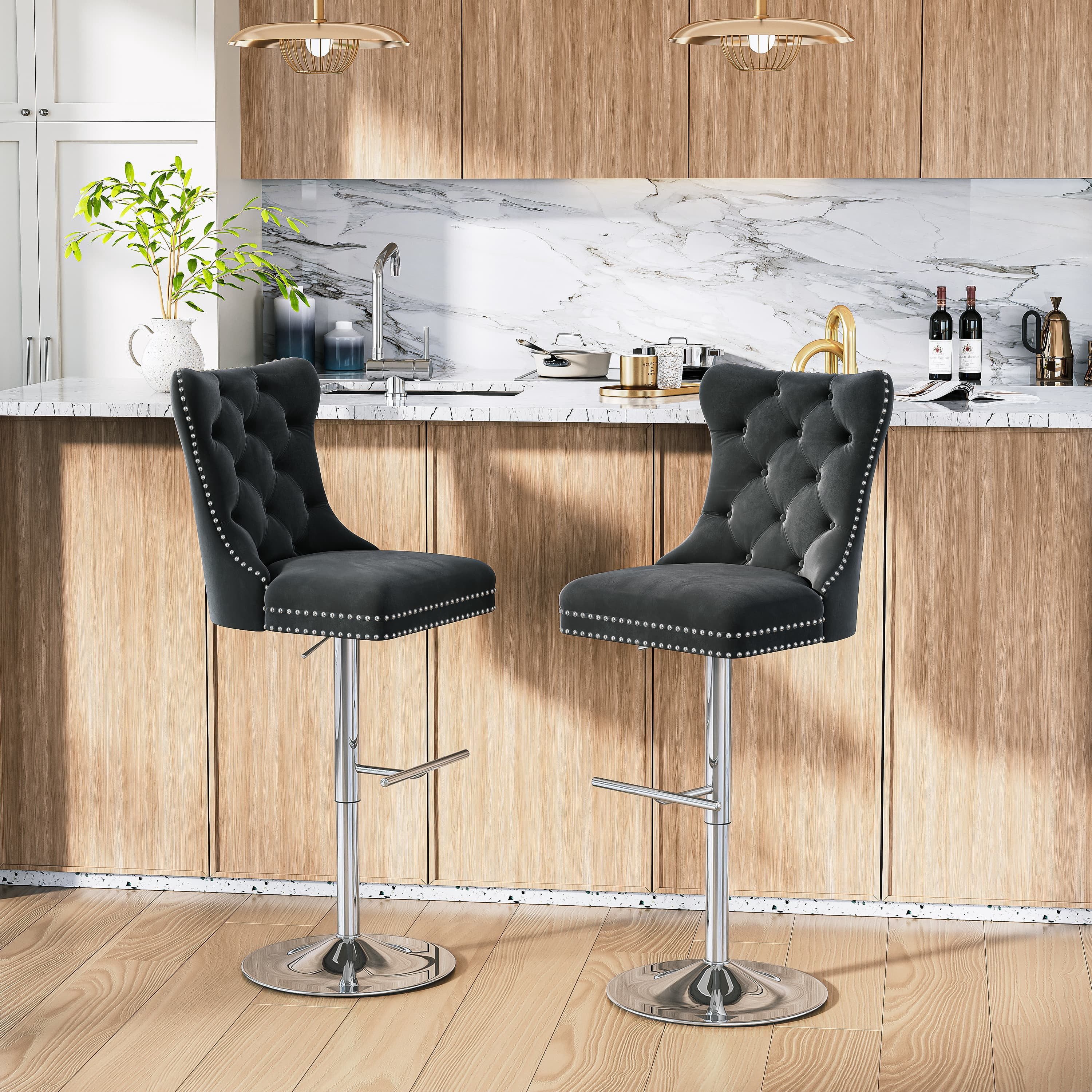 Modern Velvet Bar Stools Set of 4 Adjustable Swivel Counter Height Chairs with Upholstered Back and Nailhead Trim for Home Pub Kitchen Island