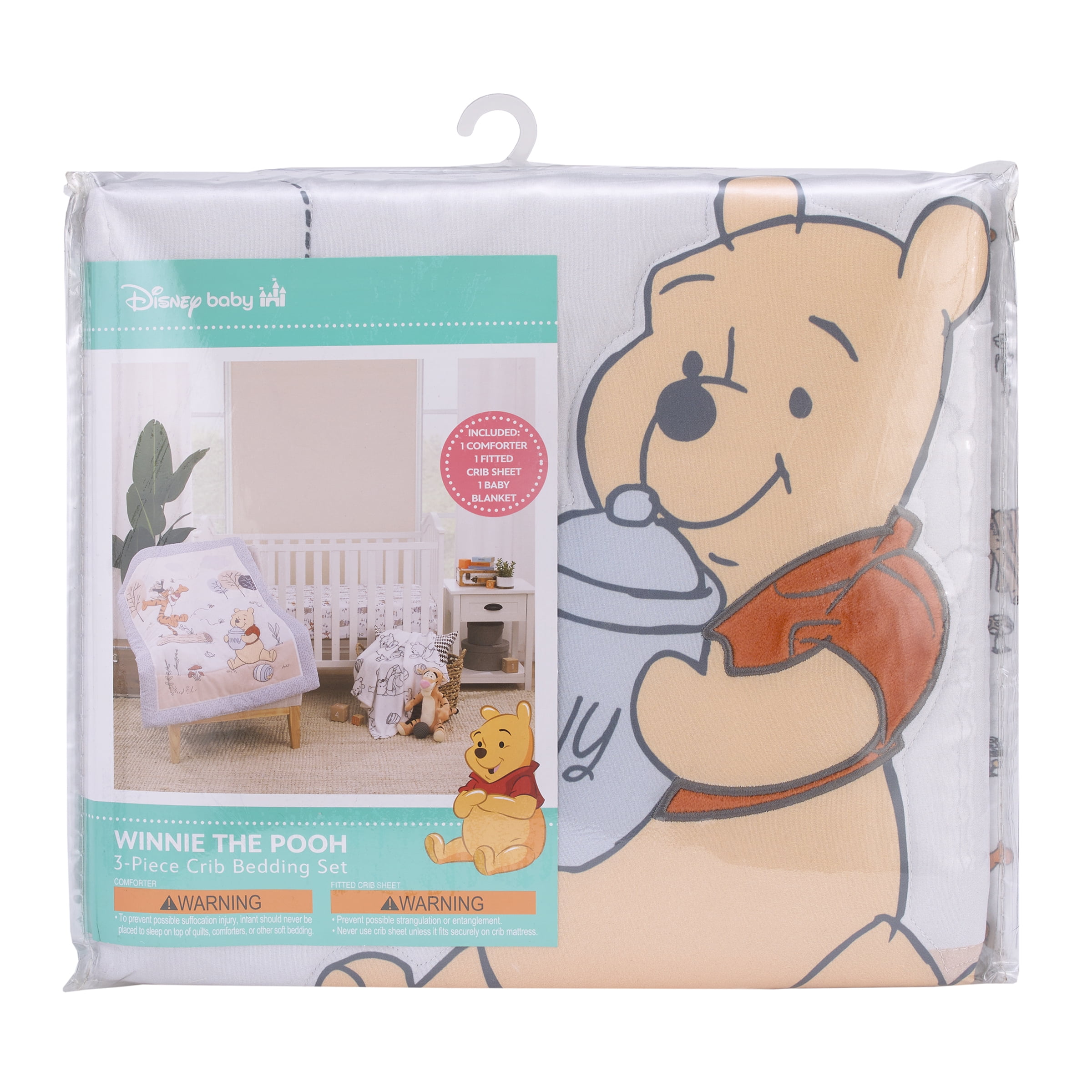 Disney Winnie the Pooh 3-Piece Crib Bedding Set, Gray, Comforter, Fitted Sheet, Blanket, Infant Boy or Girl