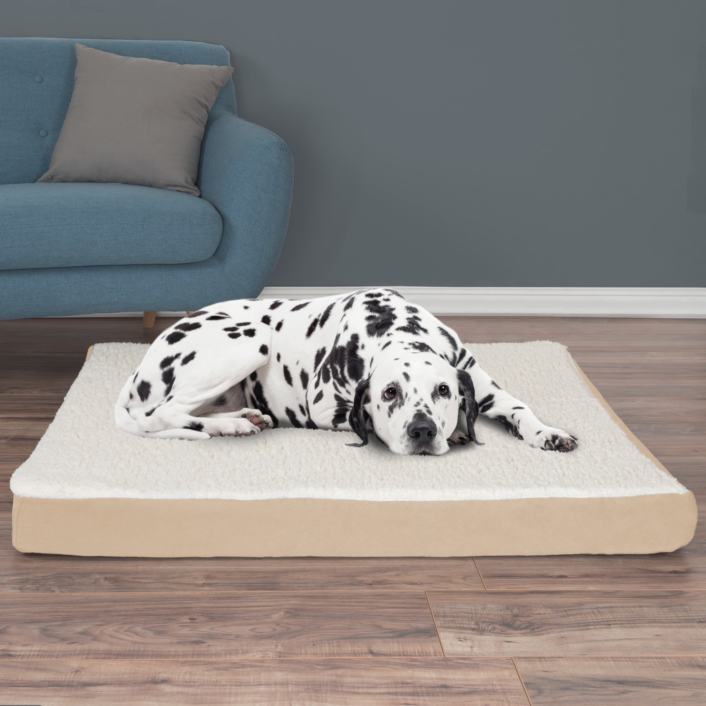PETMAKER 44x35 Orthopedic Dog Bed with Memory Foam and Sherpa Cover, Tan