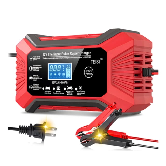 Cargador de Baterías 12V - Inteligente,Automático,Gotero - para Automóviles,Camiones, Motos y Barcos, US-plug Rojo
