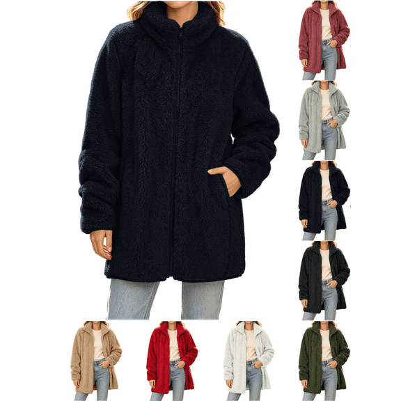 Liuinsasek Women's Loose Reversible Fleece Long Sleeve Outerwear Solid Casual Fashion Stand Collar Zipper Jacket with Pockets Winter Cozy Outfits