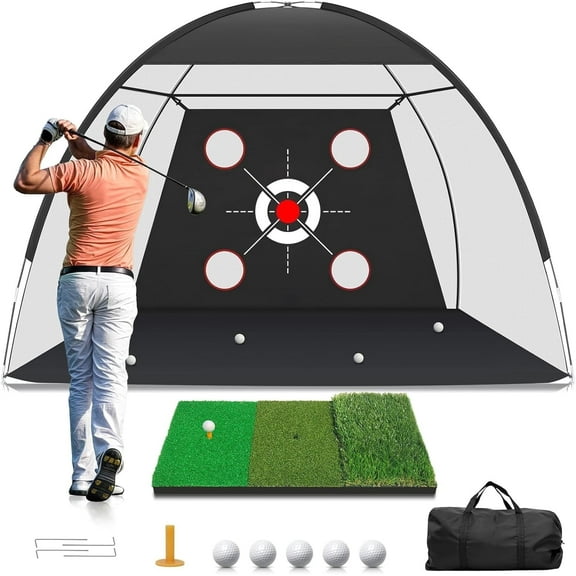 Golf Net, 10x7FT with Golf Practice Mat, Hitting Aid Nets for Backyard Driving Chipping Training Swing with Target Outdoor or Indoor– Gifts for Men/Dad/Him