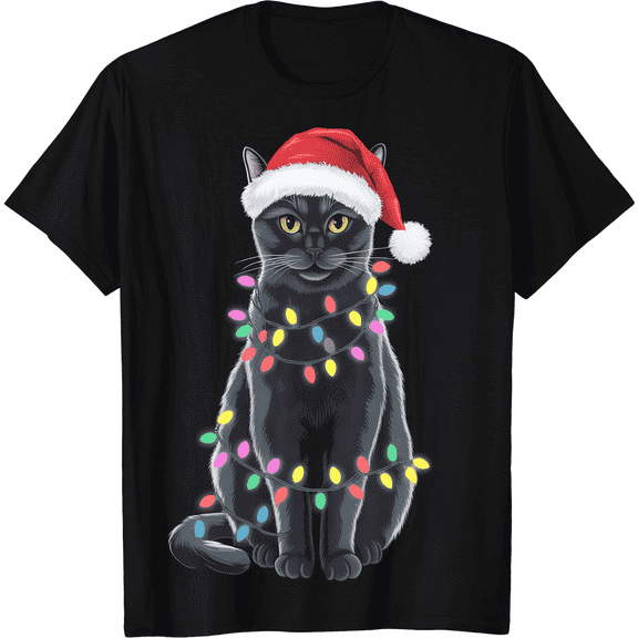 Black Cat christmas light funny cat lover christmas T-Shirt