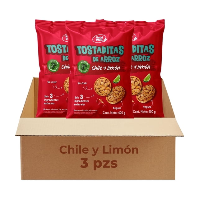 Nutriwell Tostaditas de Arroz Sabor Chile y Limón – Snack Saludable sin Gluten, sin Freír y Vegano – Botana Crujiente (Pack con 3 Bolsas)