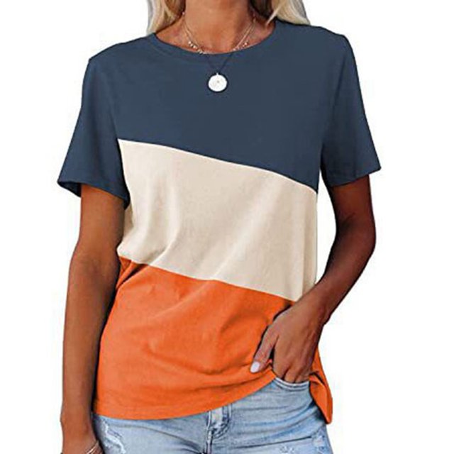 Camiseta de cuello redondo para mujer, combinación de colores holgada, pantalón corto informal, manga transpirable, camisa de manga corta para oficina
