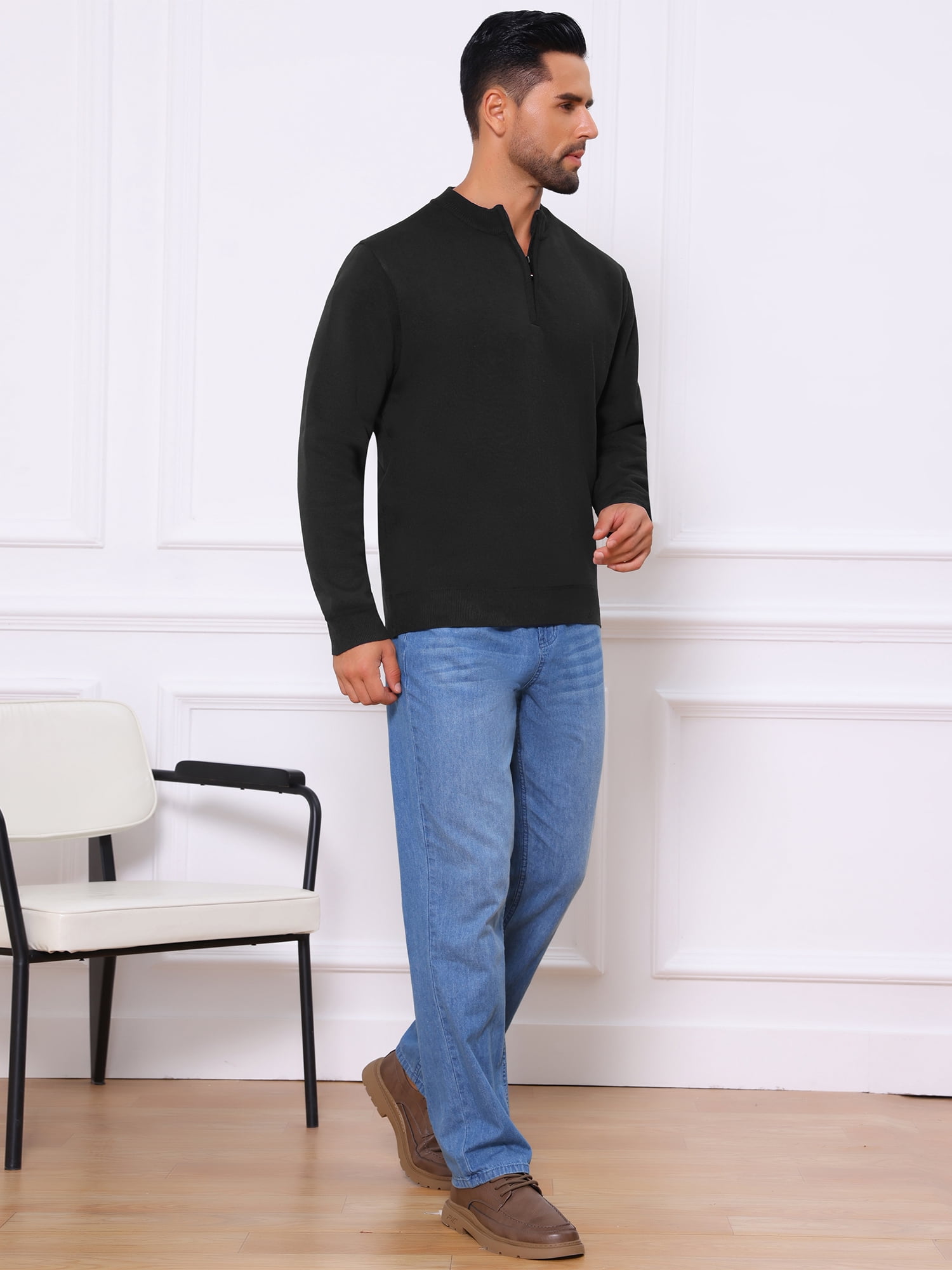 DARING DIVA Men's Mock Neck Pullover Quarter Zip Knitted Polo Sweater M Black