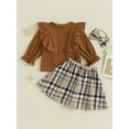 thumbnail image 4 of Bagilaanoe 3Pcs Baby Girls Fall Clothes Long Sleeve Ruffle Ribbed Tops + Plaid Skirt + Headband 6M 12M 18M 24M 3T 4T Kids Casual Skirt Set, 4 of 9