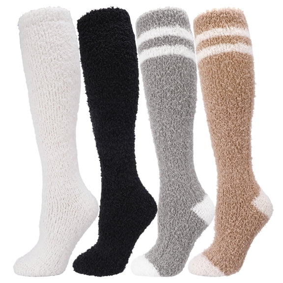 Bocaoying 4 Pairs Fuzzy Socks for Women, Soft Warm Fluffy Knee High Socks, Long Winter Plush Coral Fleece Striped Slipper Socks for Home Casual Sleeping Birthday Gifts