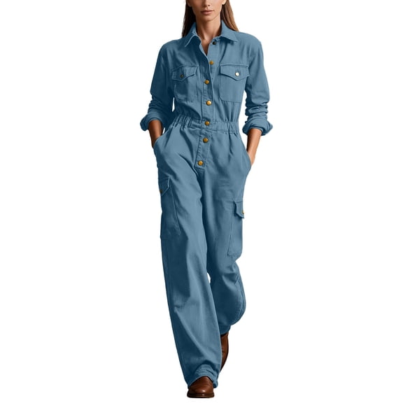 Cargo Jumpsuit for Women Long Sleeved Workwear Jumpsuit Buttoned Collar Lapel Long Sleeve One Piece Rompers Jumpsuit with Multiple Pockets