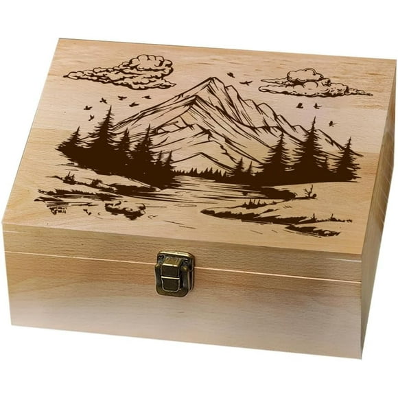 1 Pc Wood Memory Keepsake Box Decorative Boxes Mountains Rivers Forest Birds Memory Box with Hinged Lids Nature Theme Keepsake Chest for Picture Photos Letter Storage 9.6x7.6x4inch
