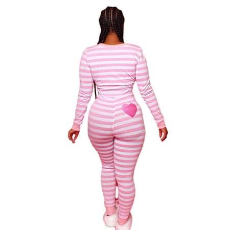 

Dillar Women Pajamas Jumpsuit Long Sleeved Pajamas Heart Printed Button Striped Ladies Stripe Print Jumpsuit Slim Fit Multi Button Jumpsuit