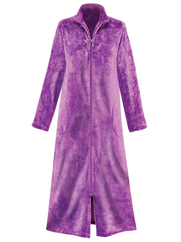 Floral Textured Fleece Zipper Front Robe with Pockets - Full Length