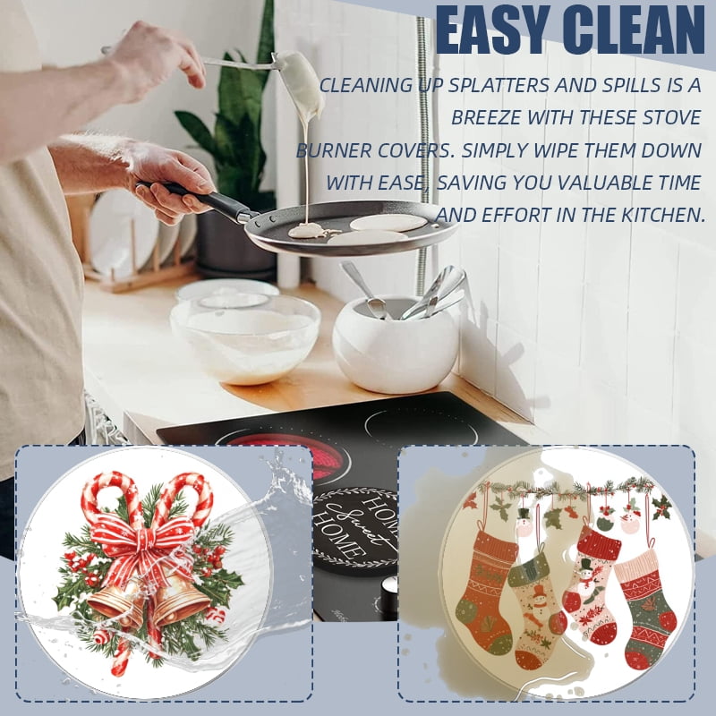 Christmas Electric Stove Burner Covers for Electric Stove, Santa Claus and Christmas Bells Round Decorative Metal Gas Stovetop Covers Set of 4 for Kitchen, 8 Inches and 10 Inches