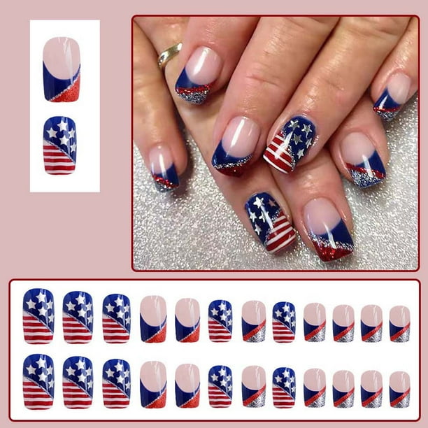 Uñas postizas cortas brillantes, estilo Día de la Independencia, con líneas irregulares y purpurina (24 unidades).