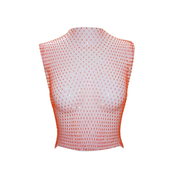 TRKIYQC Ladies Mesh Midriff-Baring Tops, Mujeres Estilo Ocio Rhinestone Decoración Cuello Redondo Sin Mangas Hueco Perspectiva Tank Top TRKIYQC Vida cotidiana