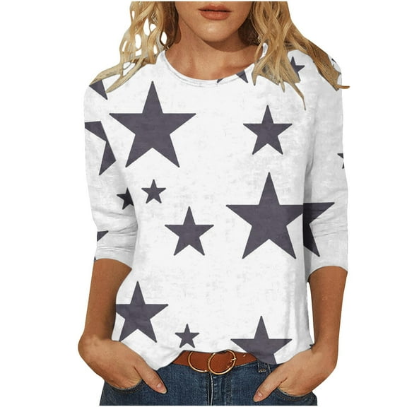 hotojiny Women's 3/4 Sleeve Shirts Oversized Crew Neck Loose Pullover Tops Fall Printed Casual Lightweight Blouse