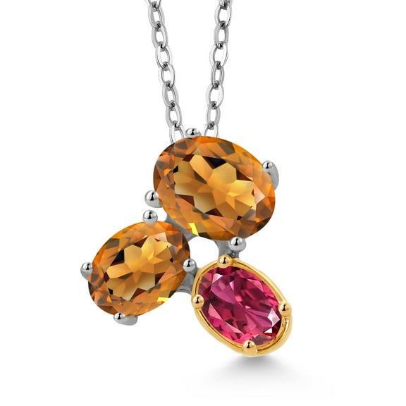 Gem Stone King 925 Silver and 10K Yellow Gold Orange Red Madeira Citrine and Pink Tourmaline Pendant Necklace for Women (2.28 Cttw, Oval 8X6MM, 7X5MM and 6X4MM, with 18 inch Chain)