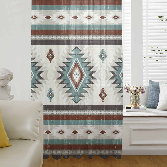 Turquoise Red Boho Semi Sheer Curtains Drapes for Living Room,Bedroom,French Doors Window 84 Inches Long,Southwestern Ethnic Aztec Retro Geometric Rod Pocket Chiffon Curtain Drapery Voile Panel