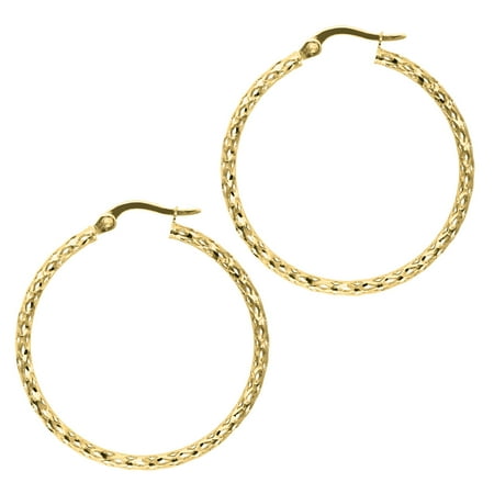 - 14K Yellow Gold 1.5x27mm Shiny Diamond Cut Fashion Sparkle Large Hoop Earrings with Hinged