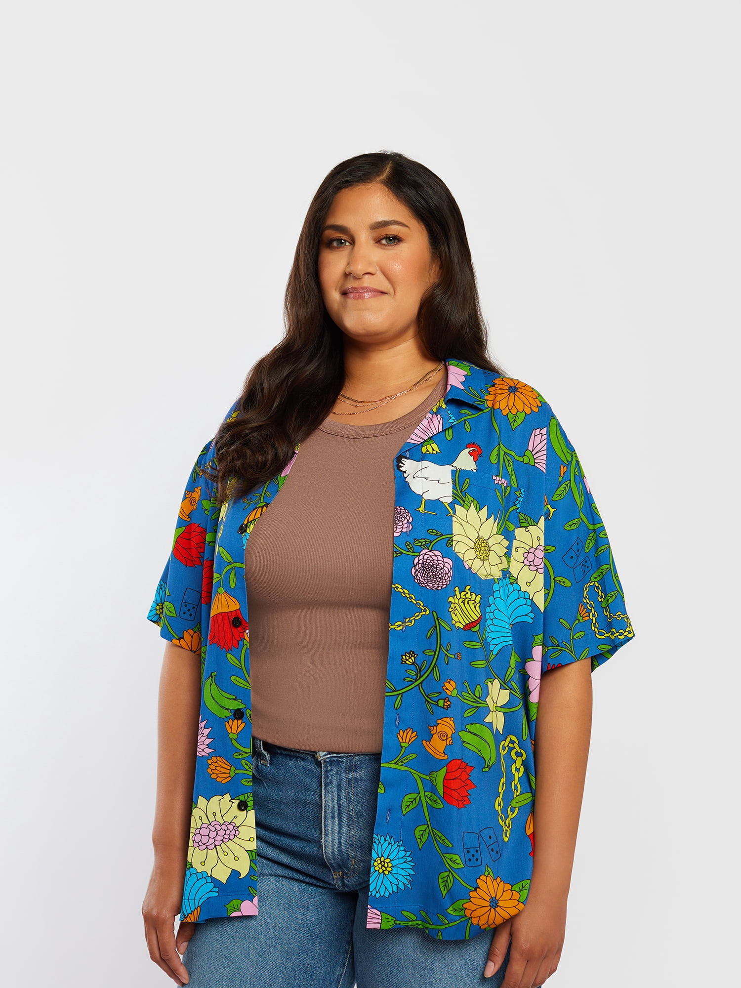 Roberto Lugo All Gender Floral Peacock Printed Button Down Resort Shirt, Men's Sizes S-3XL
