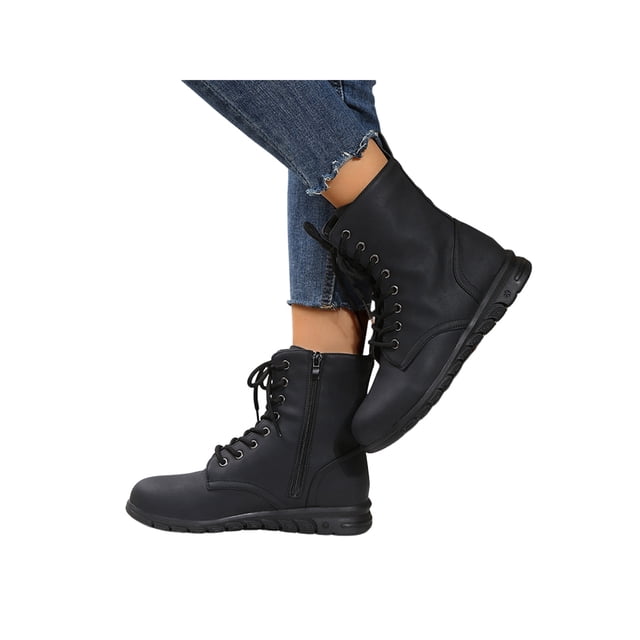 UKAP Women Combat Boot Side Zip Booties Lace Up Ankle Boots Work Shoes Waterproof Black 8.5