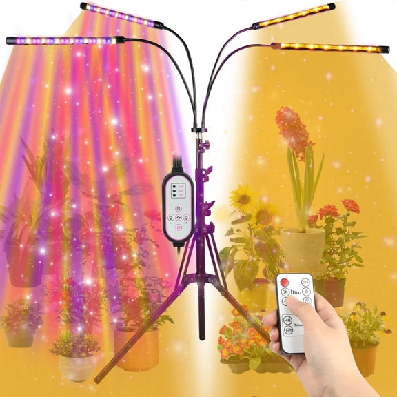 Y2Konexi 4 Head Grow Light for Indoor Plants Full Spectrum with Floor Stand, 80W Plant Light 4/8/12h Timer, 3 Switch Modes, Adjustable Gooseneck 9 Dimmable Brightness