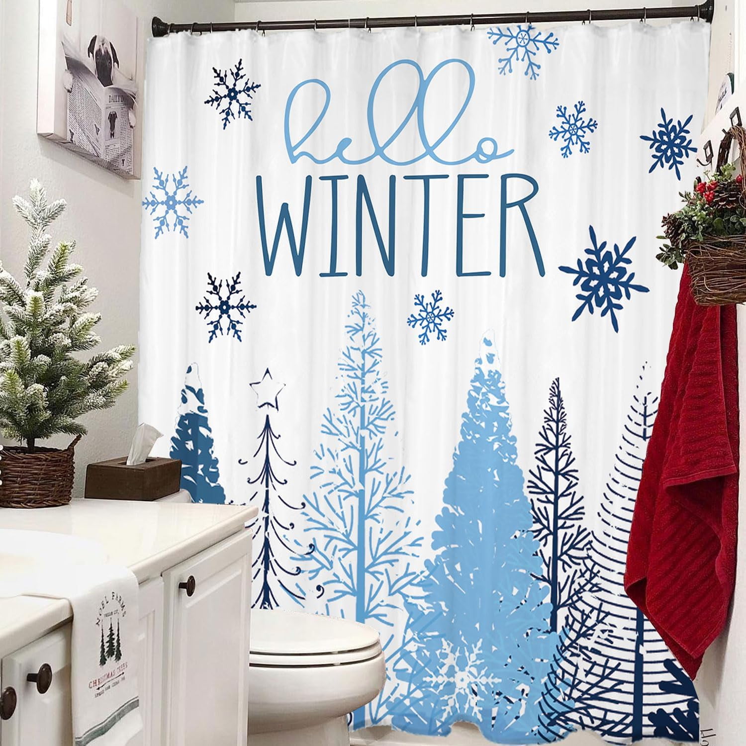 Winter Shower Curtain, 72"X72" Christmas Tree Shower Curtain, Blue Christmas Snowflake Shower Curtain with Hooks, Christmas Bathroom Decor, Waterproof Washable Polyester Holiday Xmas Bathroom Set