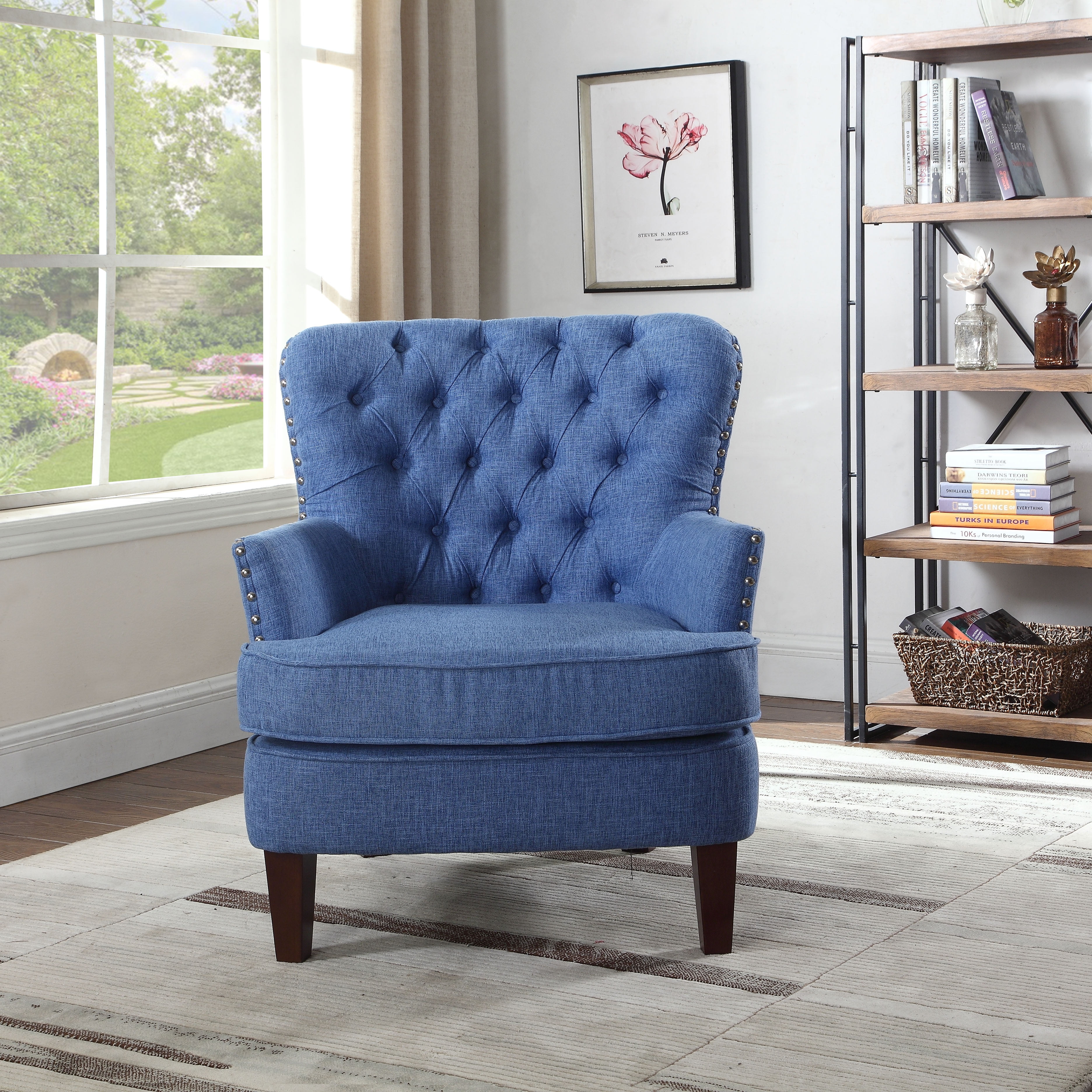 Button Tufted Accent Chair with Nailhead, Blue Color - Walmart.com