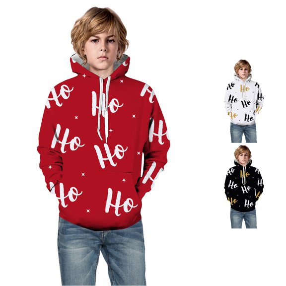 Oiyii Toddler Boys' Holiday Pullover Hoodie Letter All Over Print Long Sleeve Casual Hooded Sweatshirt Fashion Pullover Top,Red