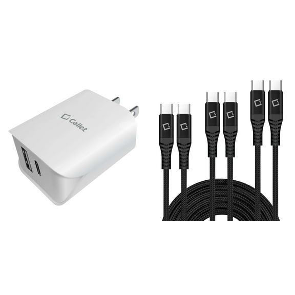 Cellet UL Certified 18W 2-Port USB-C Power Adapter with (3-Pack) USB-C to USB-C Cables (3ft, 6ft, 10ft) for Google Pixel 7a - White
