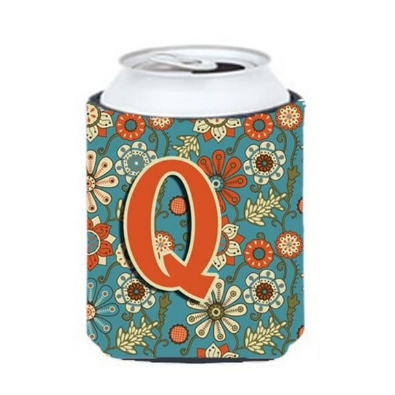 Letter Q Flowers Retro Blue Can & Bottle Hugger