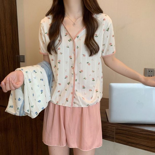 Conjunto de Pijama con botones para mujer, ropa de dormir coreana, Kawaii, manga corta, Floral, traje de casa, cuello en V