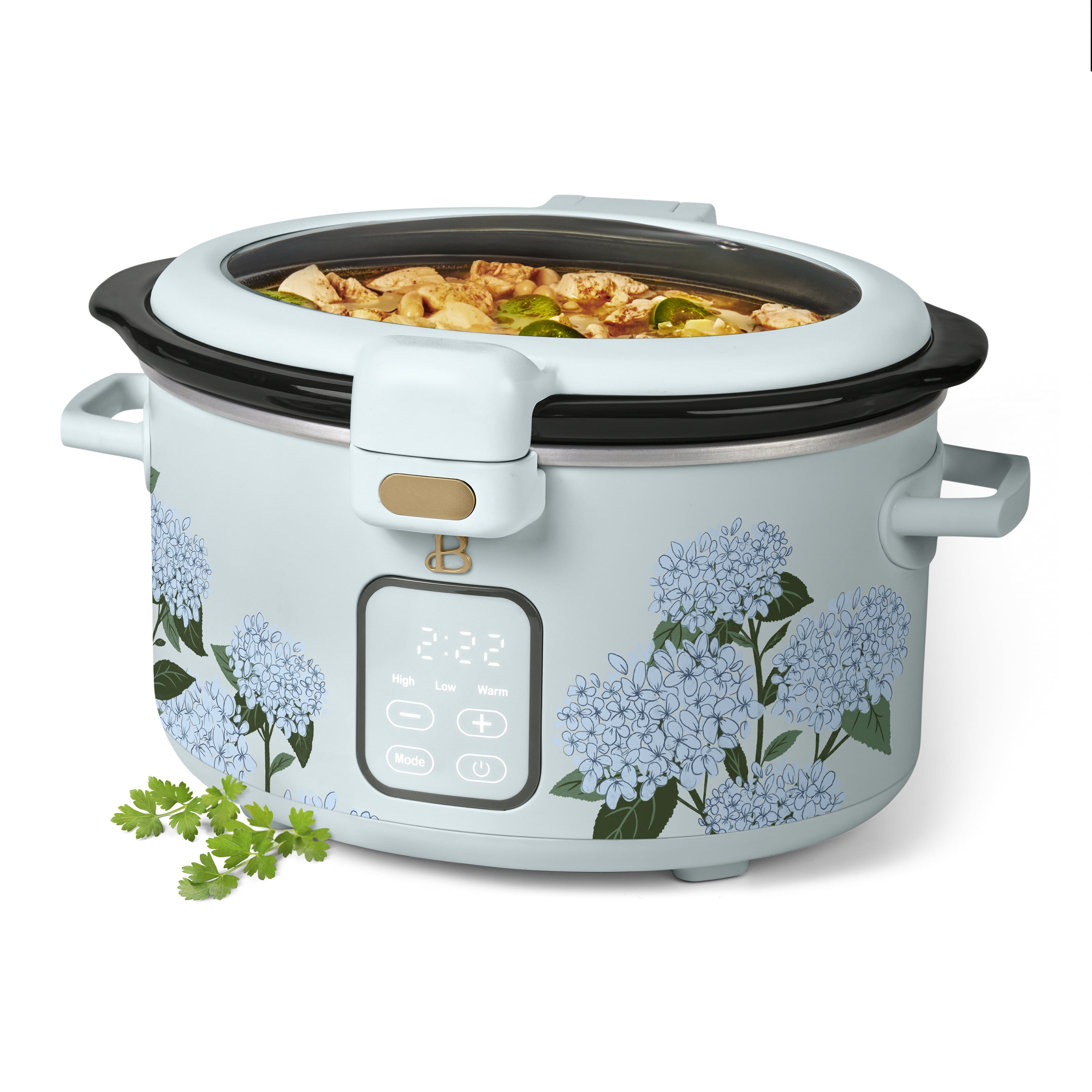 Beautiful 4 Qt Digital Slow Cooker with Hinged Locking Lid, Hydrangea Floral by Drew Barrymore