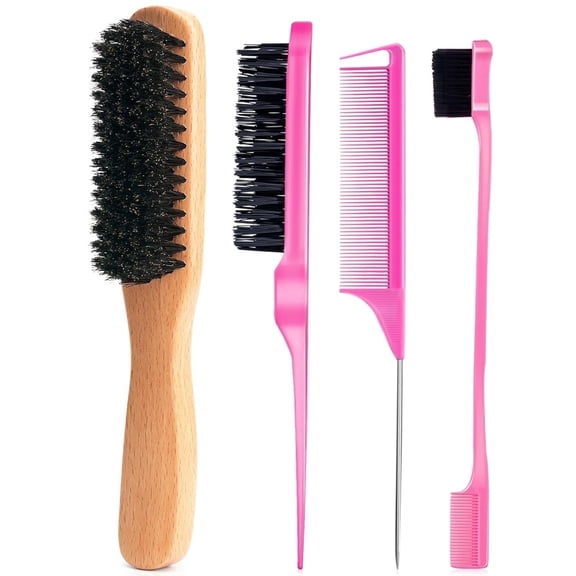 OPALESQUE 4pcs Boar Bristle Slick Back Hair Brush for Smooth Flyaways, Frizz, Sleek Ponytail, Buns and Edge Baby Hair, Teasing Hair Comb, Edge Brush