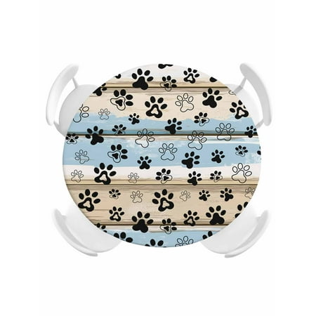 Round Fitted Tablecloth Dog Paw Print Pet Footprint Circle Table Cover Waterproof Table Cloth with Elastic Edge Farm Blue Wood Board Outdoor Tablecloths for Kitchen Picnic 36-44in