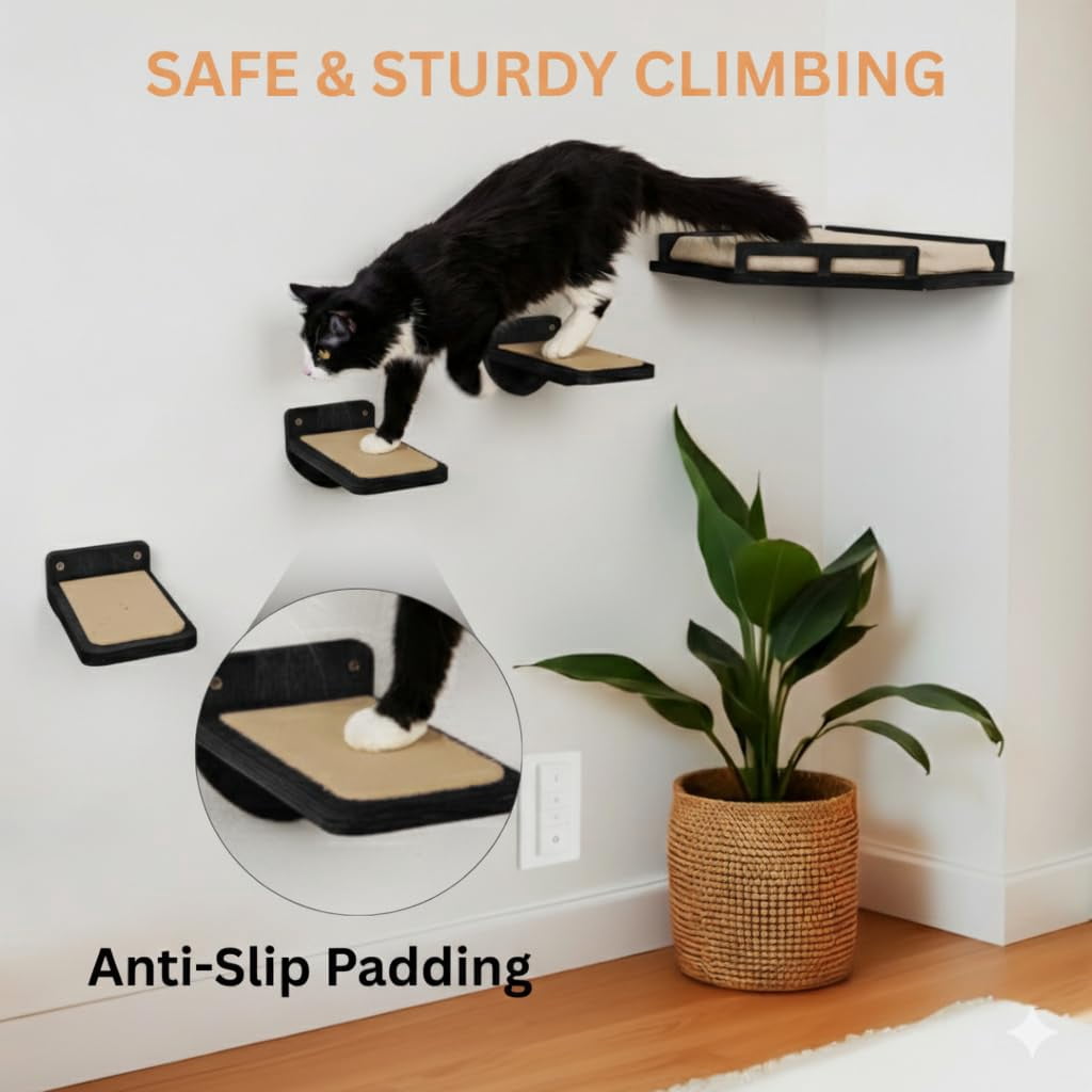 Cat Wall Shelves - Safe And Sturdy Furniture Stylish Wood Corner Shelf With 3 Steps For Cats Up To 15lbs Cushioned Perch Stairs Climbing Playing Black
