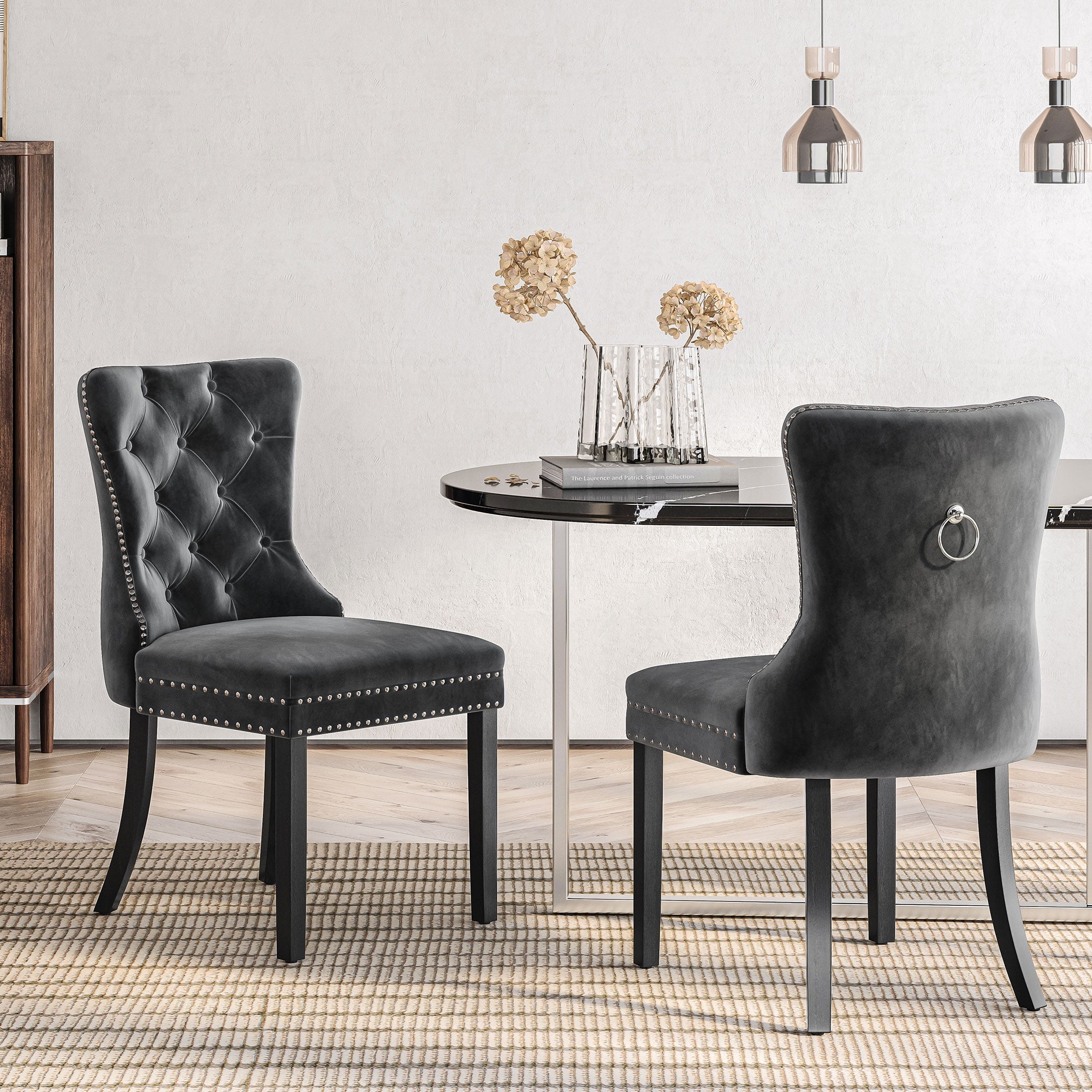 BELLEZE Upholstered Dining Chairs Set of 2 Velvet Luxury Dining Room Chairs with Button Back Nailhead Trim Pull ring Solid Wood Legs for Kitchen Living Room Restaurant Chandler Grey Walmart